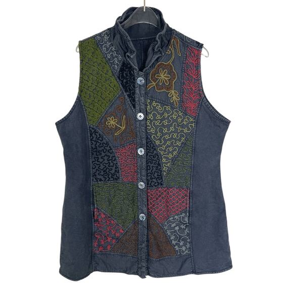 Parsley & Sage Embroidered Button Front Reversible Vest Size Large Boho Artsy - Picture 1 of 16